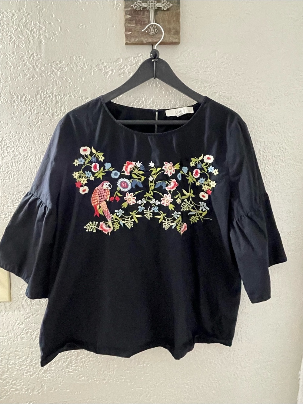 LOFT Black Cotton Blouse with Colorful Floral & Parrot‎ Embroidery XLP